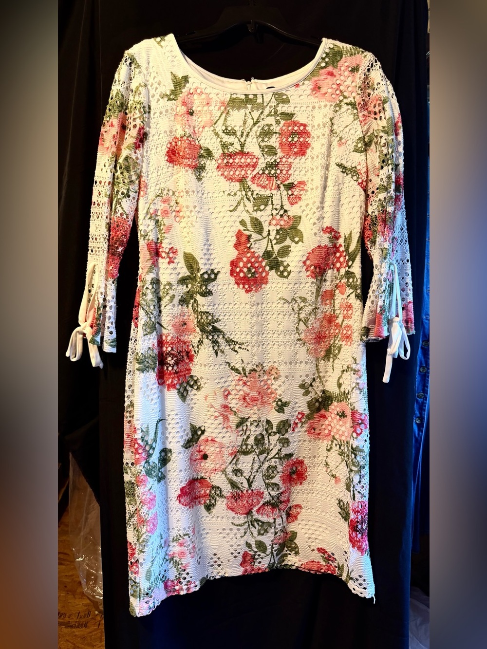 R&K White Lace Knit Dress with Pink & Green Floral Print
